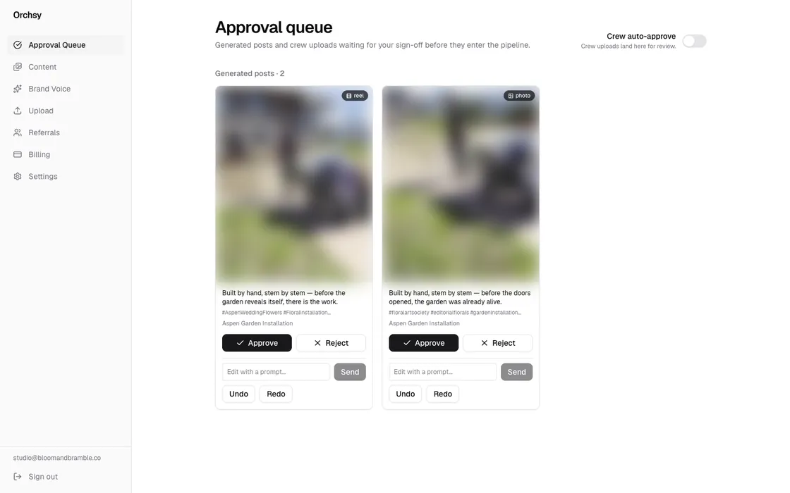 Orchsy approval queue with generated posts waiting for review